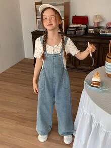 DAZY Young Girl Fashion Versatile Pocket Loose Wide Leg Denim Overalls Fall - Light Wash - View 4