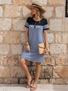EMERY ROSE Vestido informal de verano para mujer con cuello redondo a rayas, botones frontales parciales en la tapeta y mangas cortas - Azul Marino - Ver 3
