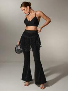 Nuvra Pantalones acampanados de encaje, diseño cómodo 2 en 1, versátil para ir al trabajo, primavera/verano, fiesta, noche activa, negro, elegante, sofisticado - Negro - Ver 7