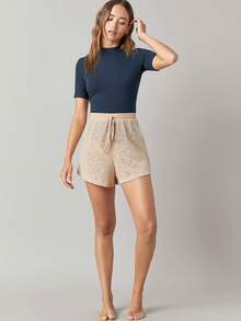 SHEIN BASICS 女款夏季素色羅紋針織小立領T恤 - 藏蓝色 - 查看 5