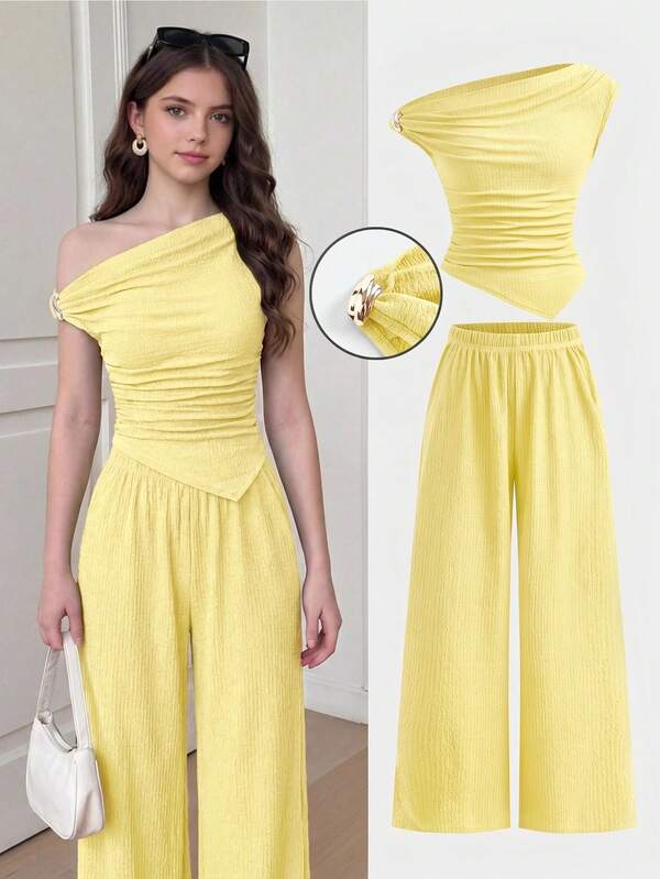Girlism Teen Girl Summer Casual Solid Color Asymmetric T-Shirt And Pants Set