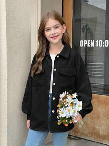 SHEIN Tween女孩素色米色燈芯絨翻蓋口袋落肩長袖外套，適合秋冬 - 黑色 - 查看 8