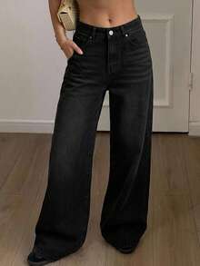 DAZY Women's Casual Loose Korean Style Washed Denim Jeans Petite - Dark Grey - View 7