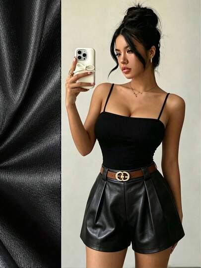 Elenzga 2026 New Spring/Summer French Chic Fashion Design Brown Square Neck Fitted Slimming Camisole Top + Elastic Waist White Wide Leg Shorts Set, Casual Daily Vacation Outfit For Women, 2-Piece Set