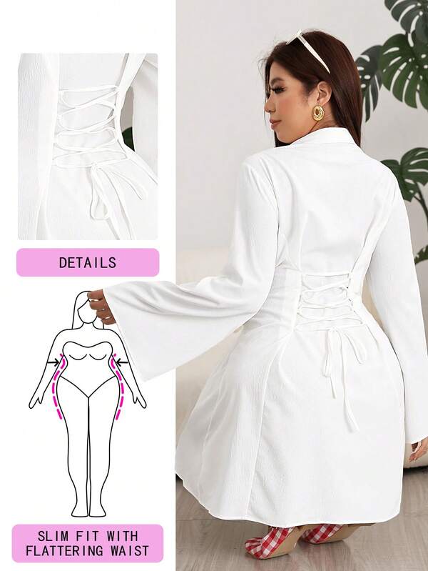 Solflare Vestido camisa casual blanco con lazo en la cintura para mujer de talla grande