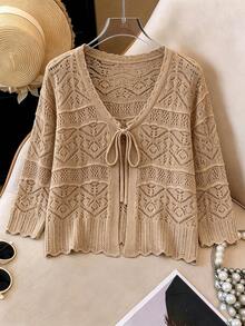 GlowEve CURVE Cardigan Ukuran Besar Elegan dengan Detail Lubang, Lengan 3/4, Leher Bulat, dan Pita untuk Musim Gugur - Unta - View 1