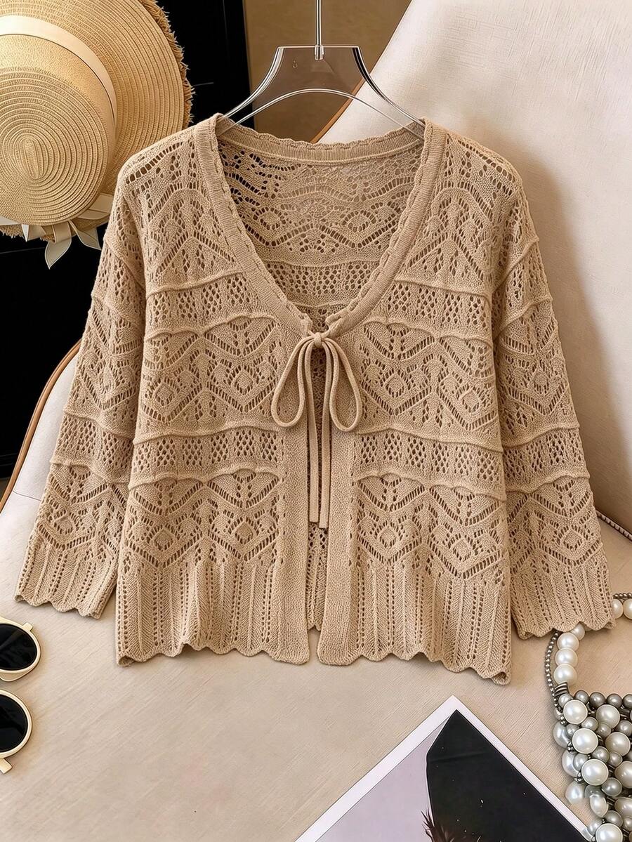 GlowEve CURVE Cardigan Ukuran Besar Elegan dengan Detail Lubang, Lengan 3/4, Leher Bulat, dan Pita untuk Musim Gugur - Unta - View 1