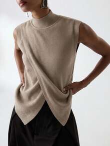 ATUI Studio Women's Taupe Overlap Wool Blend Knit Top – Soft Pullover, Elegant Minimalist Casual For Summer Beach Office, Party Vacation - Khaki - View 2
