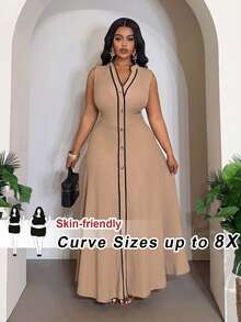 SHEIN CURVE+ 2026 Damen Große Größen Frühling und Sommer Neue Musik Festival, Ostern, Westlicher Stil, Nomadischer Stil, Geburtstagsfest, Abschlussfeier, College Stil, Studentischer Alltag, Grundlegende Vielseitigkeit, Lässig Urlaubsreise, Elegante Party, Tanzparty, Freizeitkleidung, Hochwertig eleganter Khaki und Schwarz kontrastierender V-Ausschnitt A-Linie Maxirock, Ärmelloses Kleid, Damen Berufskleidung, Damen Businesskleidung, Damen Atemberaubendes Kleid - Khaki - Übersicht 7