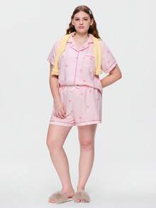 Bonmuse 两件套加大码女式可爱甜美条纹蝴蝶结印花睡衣套装，翻领纽扣短袖上衣和蝴蝶结短裤，夏季休闲睡衣和家居服 - 粉色 - 查看 8