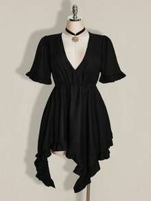 SHEIN ICON 女款大尺碼復古哥德風性感千禧Y2K簡約優雅日常通勤休閒深V領不對稱荷葉邊黑色洋裝萬聖節 - 黑色 - 查看 7