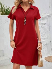 EMERY ROSE Váy tay cánh dơi màu xanh giản dị mùa hè - Đỏ - Xem 3
