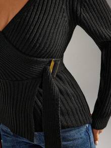 SHEIN 女装不对称圆环细节罗纹针织毛衣上衣 - 黑色 - 查看 5
