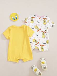 LOONEY TUNES X SHEIN Set Baju Bayi Perempuan Motif Kartun Leher Bulat Lengan Pendek dan Celana Pendek 2 Potong - Kuning - View 2