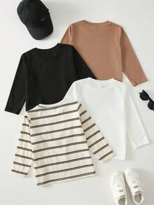 SHEIN 4件/套 男童女童休閒學院風純色百搭拼接條紋圓領長袖T恤多件套，舒適百搭，適合外出、居家、春夏季秋冬、校園聚會、假期、聖誕節 - 彩色 - 查看 2