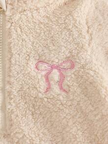 SHEIN Vintaside Kids 2件組新生女嬰杏色毛絨蝴蝶結刺繡純色小立領拉鍊長袖套頭上衣 + 鬆緊腰長褲，休閒可愛韓風保暖加厚內裡極簡套裝，適合秋冬日常外出或室內場合穿著 - 白色 - 查看 6