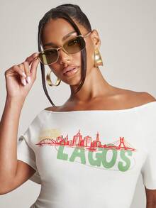 NYA SZN Top Color Block Short Sleeve Ribbed Knit Trim Printed Graphic Tee "Lagos" "Center Of Excellence" Oversized Summer Red Green Yellow Outfits For Women - Apricot - View 3