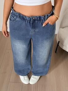 Livesso Curve Celana Pendek Denim Biru Pudar dengan Pinggang Semi Elastis, Potongan Lebar dan Lipatan di Bagian Bawah, Cocok untuk Musim Panas. - Medium Wash - View 2
