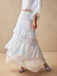 Willow Rêve 女款藍色花卉圖案荷葉邊上衣與長裙兩件套，波西米亞風，浪漫度假風，情人節 - 藍白色 - 查看 5