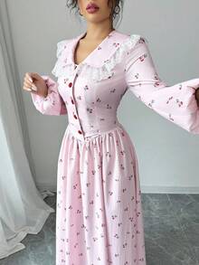 Modelyn 女士梭织印花荷叶边长袖纽扣腰A字连衣裙 - 粉色 - 查看 7