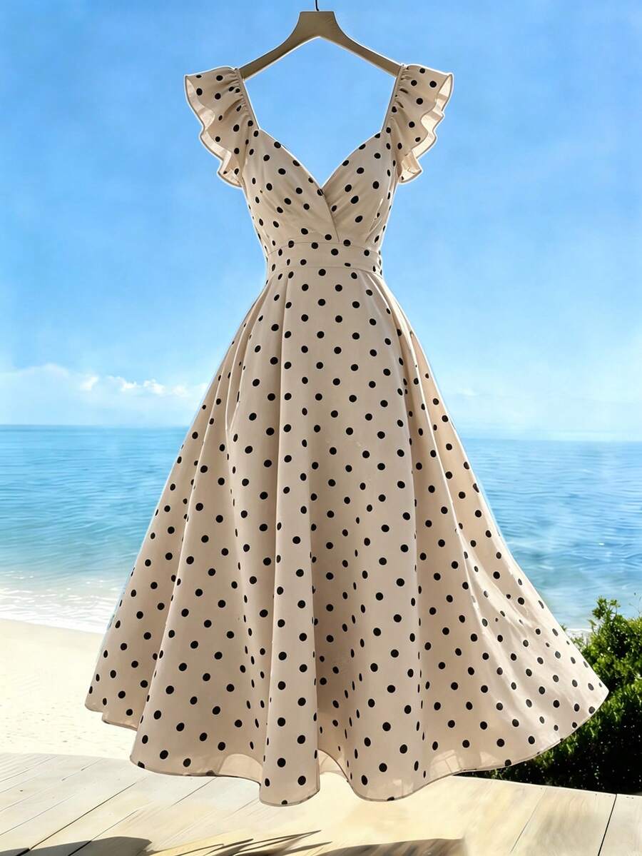 Franclia Women's V-Neck Ruffle Sleeve Pleated Waist Backless Tie Polka Dot Print Maxi Dress, Casual Vacation Style, Spring/Summer - Apricot - View 1