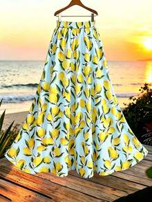 Franclia Plus Size Women's Summer Lemon Pattern A-Line Casual Vacation Lemon Yellow Long Skirt - Multicolor - View 2