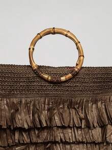 MUSERA Layered Straw Fringe Bamboo Top Handle Tote Beach Bag Spring Summer Beach Swim Festival Vacation Cute Daily - dark brown - View 7
