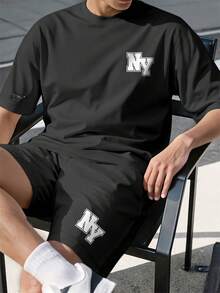 Manfinity Homme 2pcs/Set Camiseta con estampado de letras y pantalones cortos para hombre, vacaciones - Negro - Ver 1
