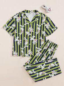 LOONEY TUNES X SHEIN 大童男孩卡通圖案條紋印花單排扣短袖上衣與休閒長褲套裝 - 墨綠色 - 查看 1