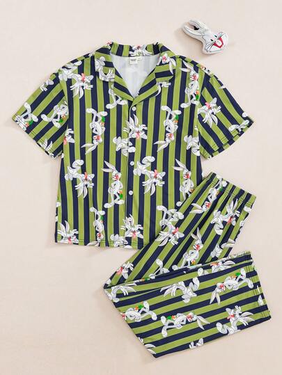 LOONEY TUNES X SHEIN Bộ quần áo bé trai tween gồm áo tay ngắn cài nút đơn họa tiết hoạt hình kẻ sọc và quần dài thường ngày