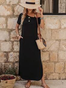 EMERY ROSE Solid Color Asymmetrical Neckline Slanted Pocket Side Slit Dress Maxi Women Outfit - Black - View 3