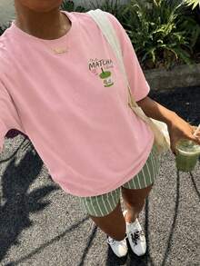 青少年女孩休閒簡約寬鬆圓領短袖T恤與寬鬆短褲兩件套，適合春夏穿著 - 彩色 - 查看 4