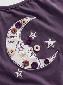 ROMWE Dark Gothic Vintage Hippie Moon & Star Patchwork Embroidered Button Design Fitted Camisole - Purple - View 4