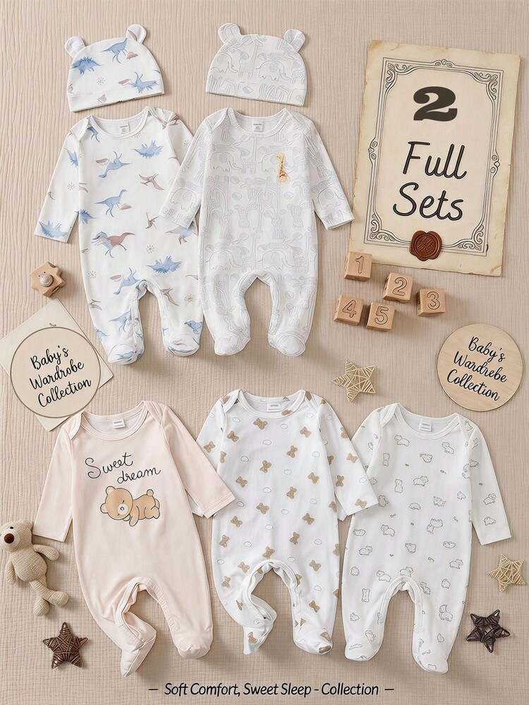 SHEIN Conjunto de pijama y ropa de estar en casa para recién nacido con mono de una pieza de manga larga y pantalones, y gorro, nuevo lanzamiento, con estampado de dinosaurio, jirafa, elefante, león, tigre, cocodrilo y otros patrones divertidos combinados - Multicolor - Añade 1