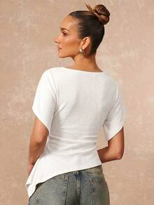 Lumalex Women's Knitted Textured Waist-Cinched Asymmetrical Hem T-Shirt - White - View 2