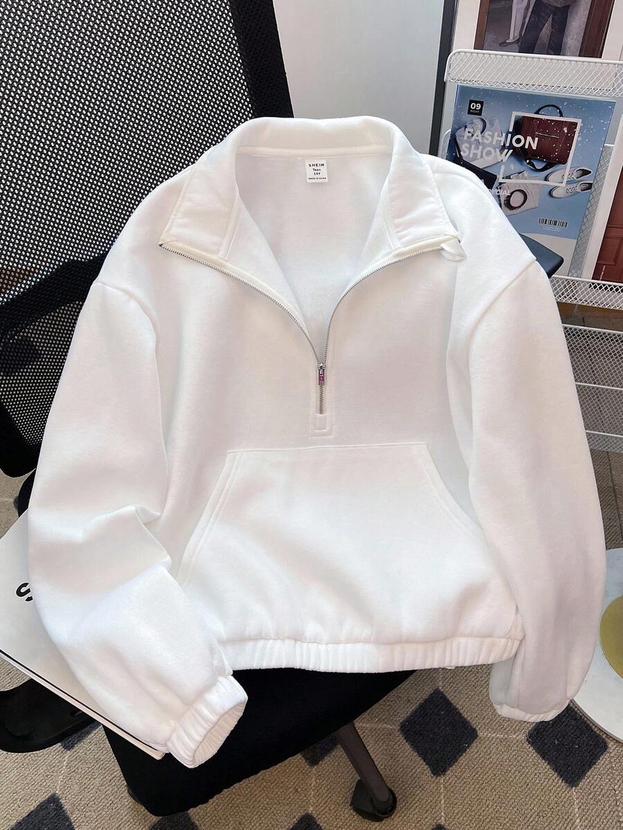 SHEIN 少女白色落肩拉链半开襟短款卫衣,适合秋冬季节日常休闲穿着。白色拉链卫衣 白色卫衣 拉链卫衣 白色卫衣 少女卫衣 秋季 - 白色 - 查看 1