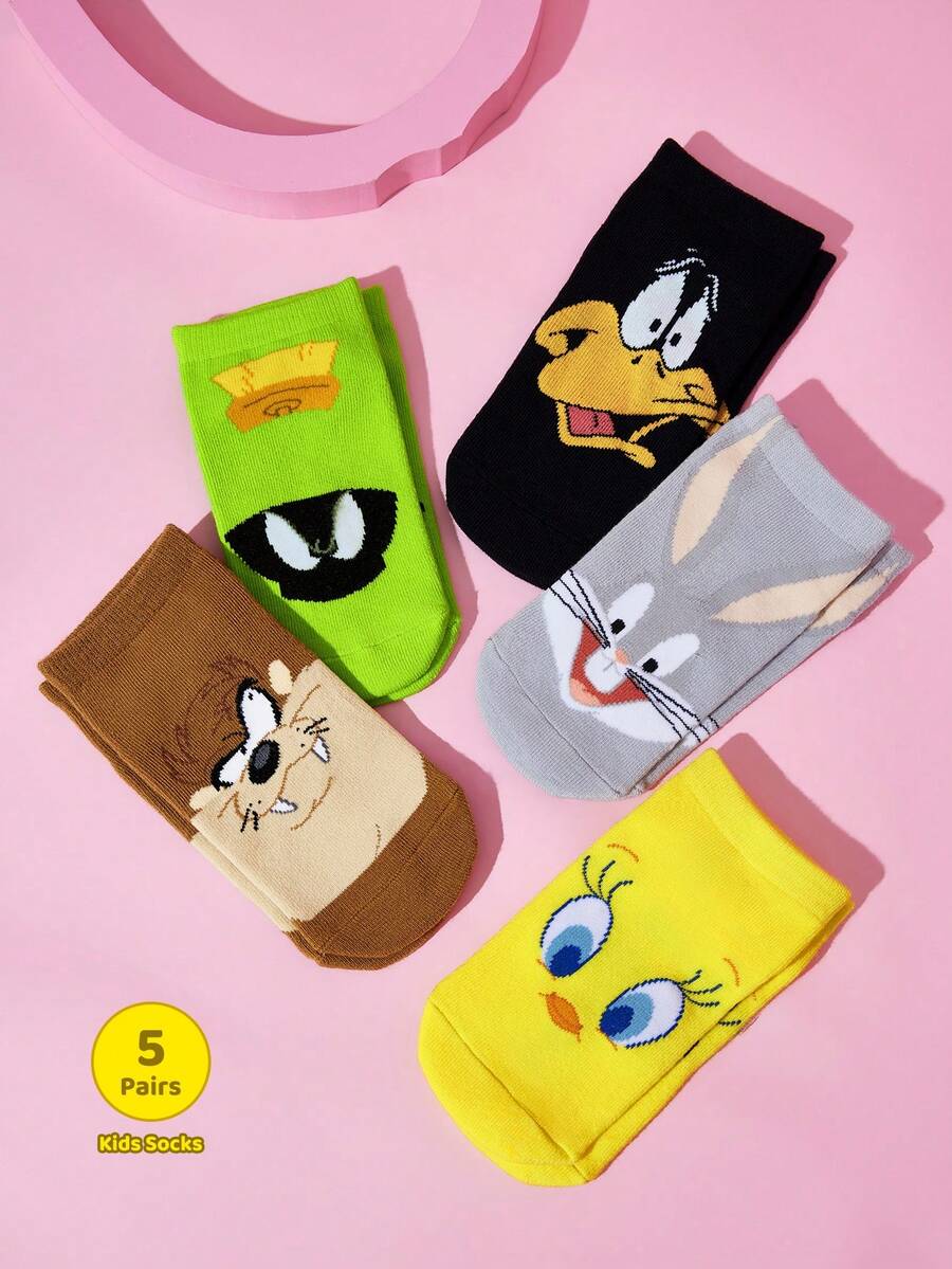 LOONEY TUNES X SHEIN 5雙裝兒童純棉柔軟透氣吸濕襪 可可愛卡通獨角獸圖案 女孩襪 加強腳趾與腳跟 耐穿四季款 - 雜色 - 查看 1