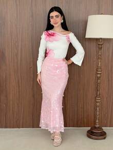Yasmeen Edit Yasmeen Edit Rok Elegan Wanita Warna Polos Berpayet Model Duyung dengan Hem Warna Pink untuk Musim Panas - Berwarna merah muda - View 3