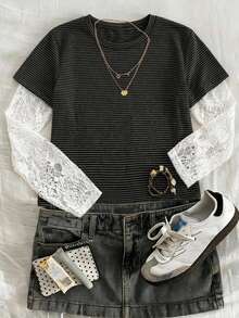 Dazy Plus Plus Size Contrast Color Lace Patchwork Striped T-Shirt Cute Tops - Grey - View 2