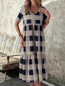 EMERY ROSE Vestido casual de verano con estampado de cuadros y manga corta - Multicolor - Ver 4