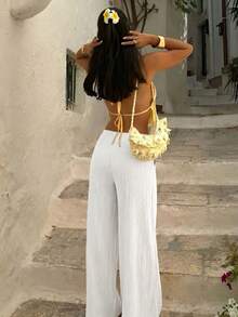 Firerie Women's Elegant Textured Wide Leg Long Pants, High Waist Asymmetric Pleated Design, Romantic Date Vacation Beach Cruise City Street Summer - White - View 2