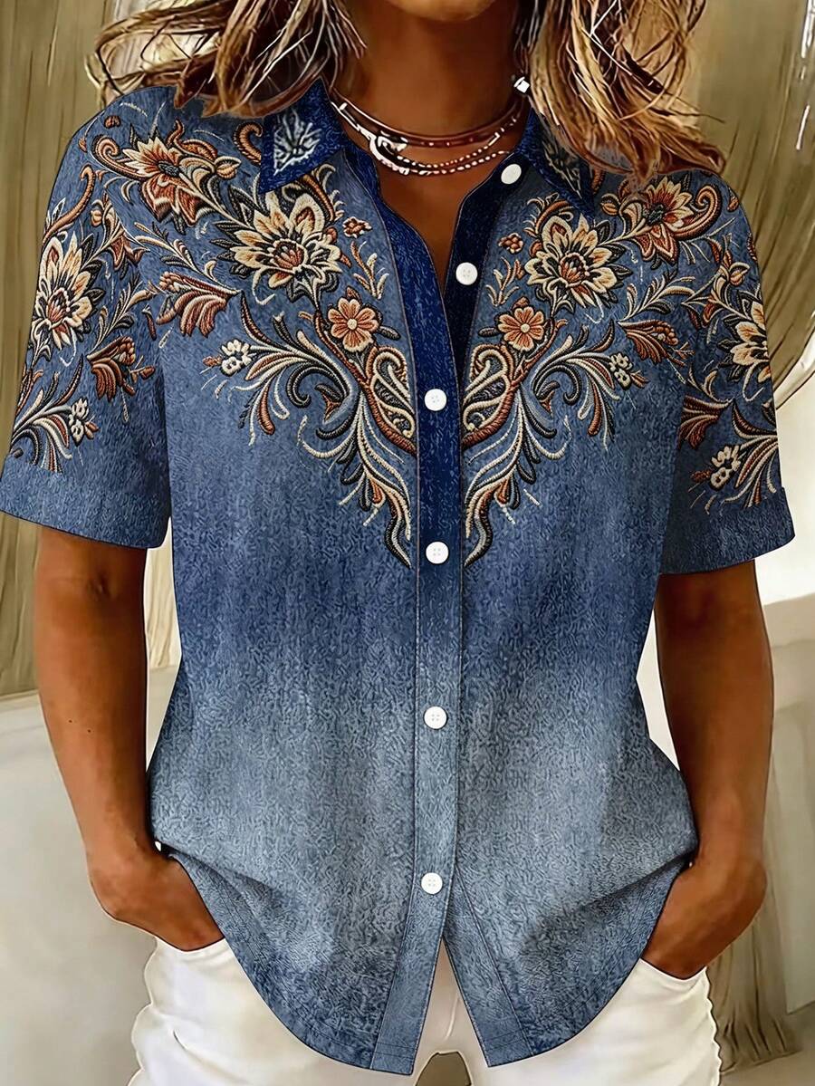 Breezaya Floral Pattern Print Short Sleeve Fashion Plus Size Shirt - Multicolor - View 1