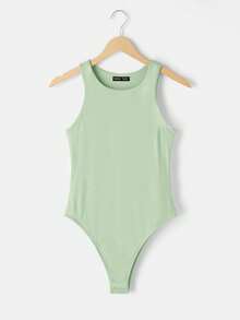 SHEIN BASICS 3件組休閒極簡基本款純色圓領無袖修身女款連身衣 夏季服裝 日常辦公穿搭 白色、淺灰色、黑色 - 綠色 - 查看 7
