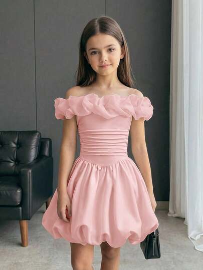 Firerie Kids Tween Girl Tween Girls Off-Shoulder Waist-Cinching Dress, Elegant Lady Style Casual Daily Wear, Party & Outfit, Sister Matching & Parent-Child Matching