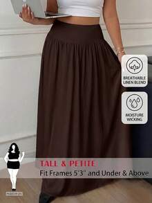 SHEIN Tall CURVE 大尺碼女款純色百褶休閒百搭日常穿著裙 - 棕色 - 查看 3