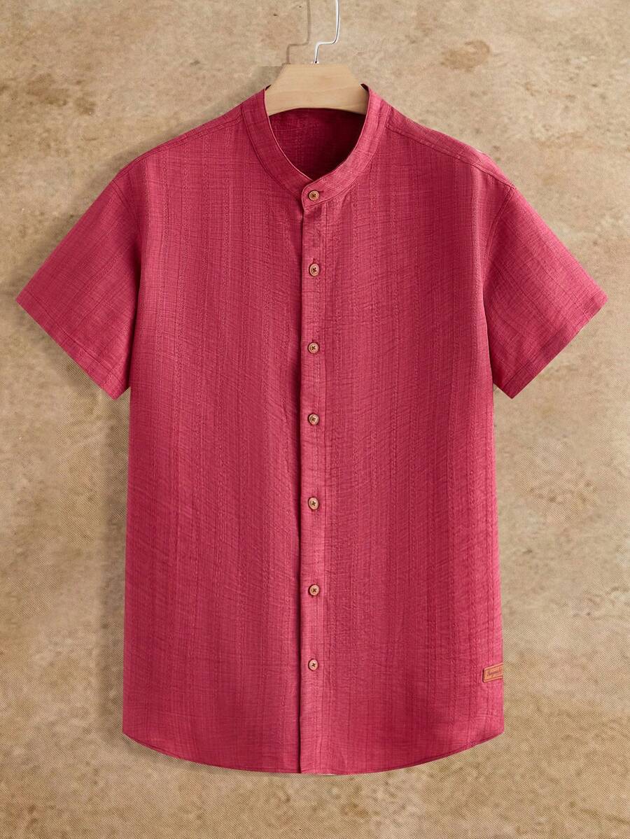 HIMLAND Mens Stylish Short Sleeve Band Collar Shirt Red Casual Summer Top
Mens Red Button Up Short Sleeve Band Collar Shirt For Everyday Wear - Burgundy - View 1