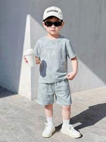 SHEIN Genkimix Kids 男童休闲纯色T恤+短裤两件套，适合日常穿着、上学、旅行、户外玩耍、夏季穿着。 - 淺藍色 - 查看 2