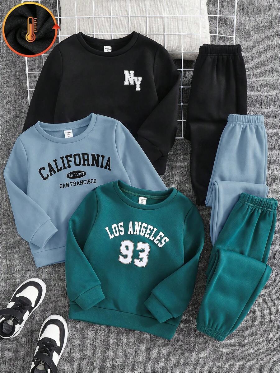 SHEIN 6件/套 YoungBoy 童裝休閒可愛字母圖案圓領衛衣與寬鬆版型秋季長褲 2件組 - 彩色 - 查看 1
