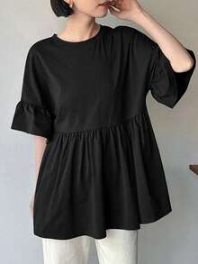 FRIFUL Women Fashion Summer Basic Short Sleeve T-Shirt,Ruffle - Black - View 6