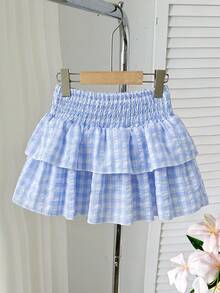 SHEIN Tween女孩腰部抓褶黑白條紋迷你裙，內建內搭褲防走光，適合休閒度假、校園與街頭穿搭 - 彩色 - 查看 5